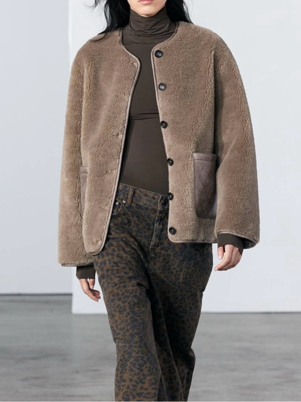 NWT Zara Taupe Plush Teddy Button Up Fleece Jacket - Picture 4 of 14